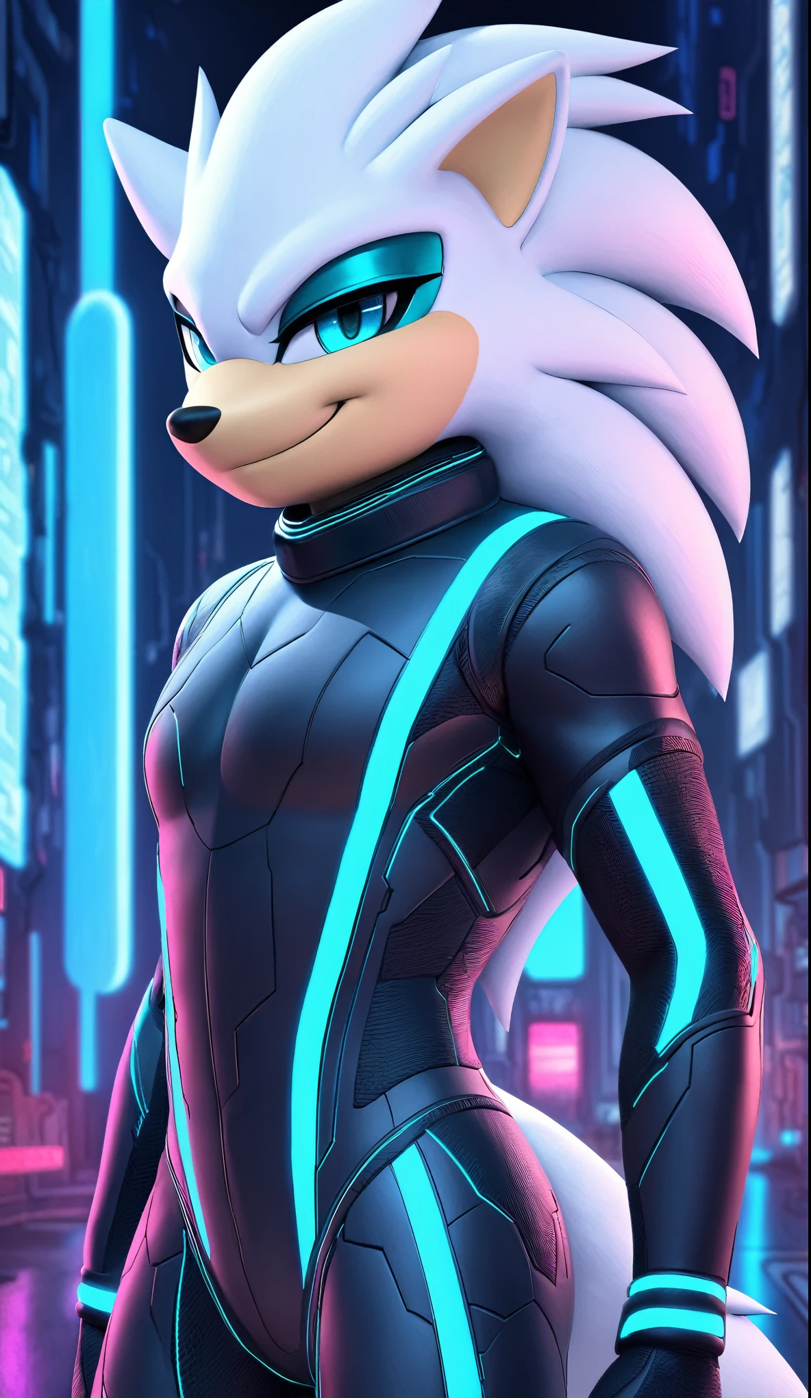 (((masterpiece:1.5, 4K, 8K))), a full body high quality digitally drawn rendered image ((by SEGA)) of A solo male anthro ((silver—white hedgehog)), with glowing blue eyes, ((metallic blue eyeliner:1.5)), (((tan muzzle))), wearing a (((sci-fi bodysuit))) stands in a neon-lit cyberpunk city The android's bodysuit is adorned with (((teal coloring:1.5))) with (((neon pink and black accents))), and intricate android seams, creating a futuristic look. the android has a seductive smirk on his face