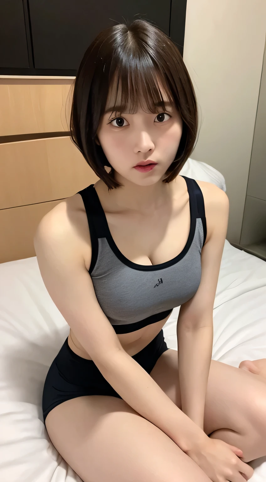 Sports Bra、Short-shaped legs、bed、Embarrassed face、Short hair with bangs