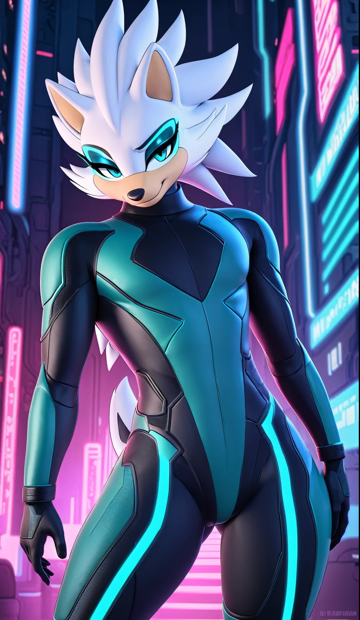(((masterpiece:1.5, 4K, 8K))), a full body high quality digitally drawn rendered image ((by SEGA)) of A solo male anthro ((silver—white hedgehog)), with glowing blue eyes, ((metallic blue eyeliner:1.5)), (((tan muzzle))), wearing a (((sci-fi bodysuit))) stands in a neon-lit cyberpunk city The android's bodysuit is adorned with (((teal coloring:1.5))) with (((neon pink and black accents))), and intricate android seams, creating a futuristic look. the android has a seductive smirk on his face