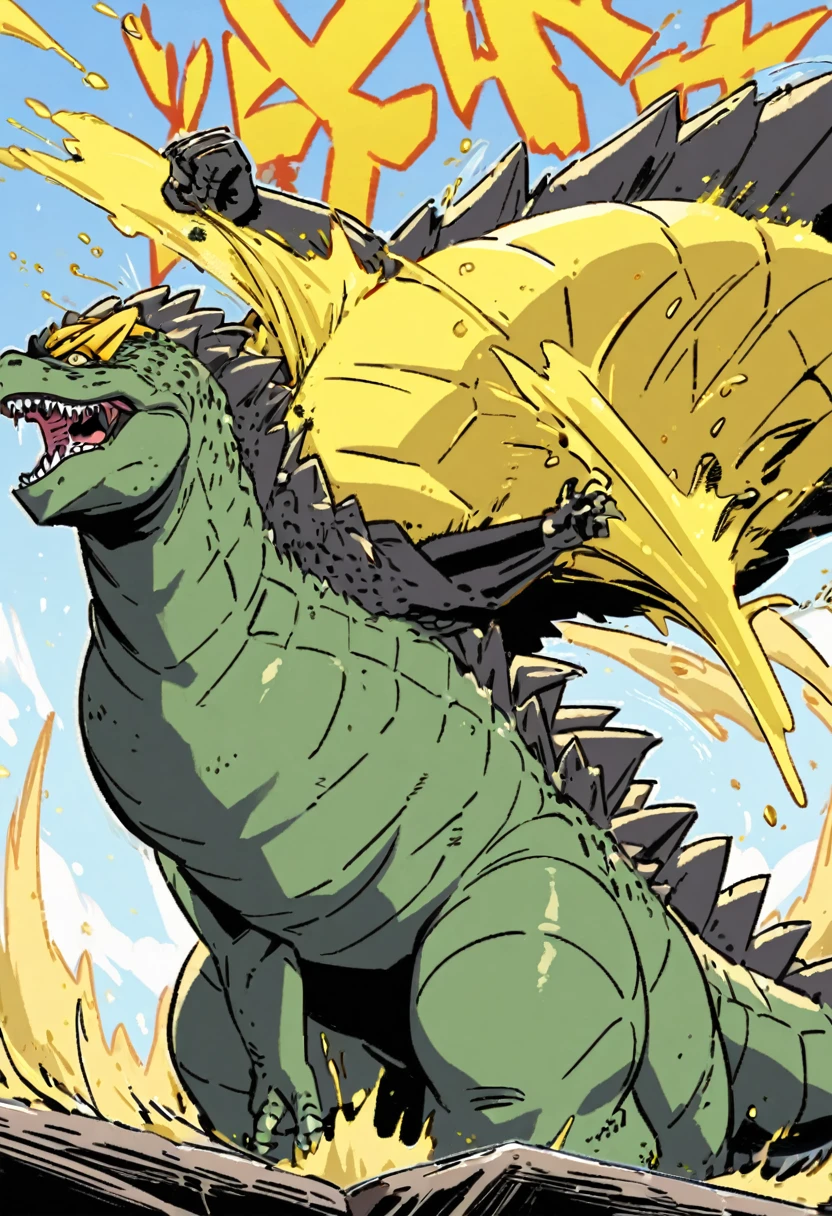 Godzilla roaring at the sky yellow juice covers his face and runs down his back, Godzilla  has  pinned a large lemon  kaiju under one foot and has taken a juicy bite from it