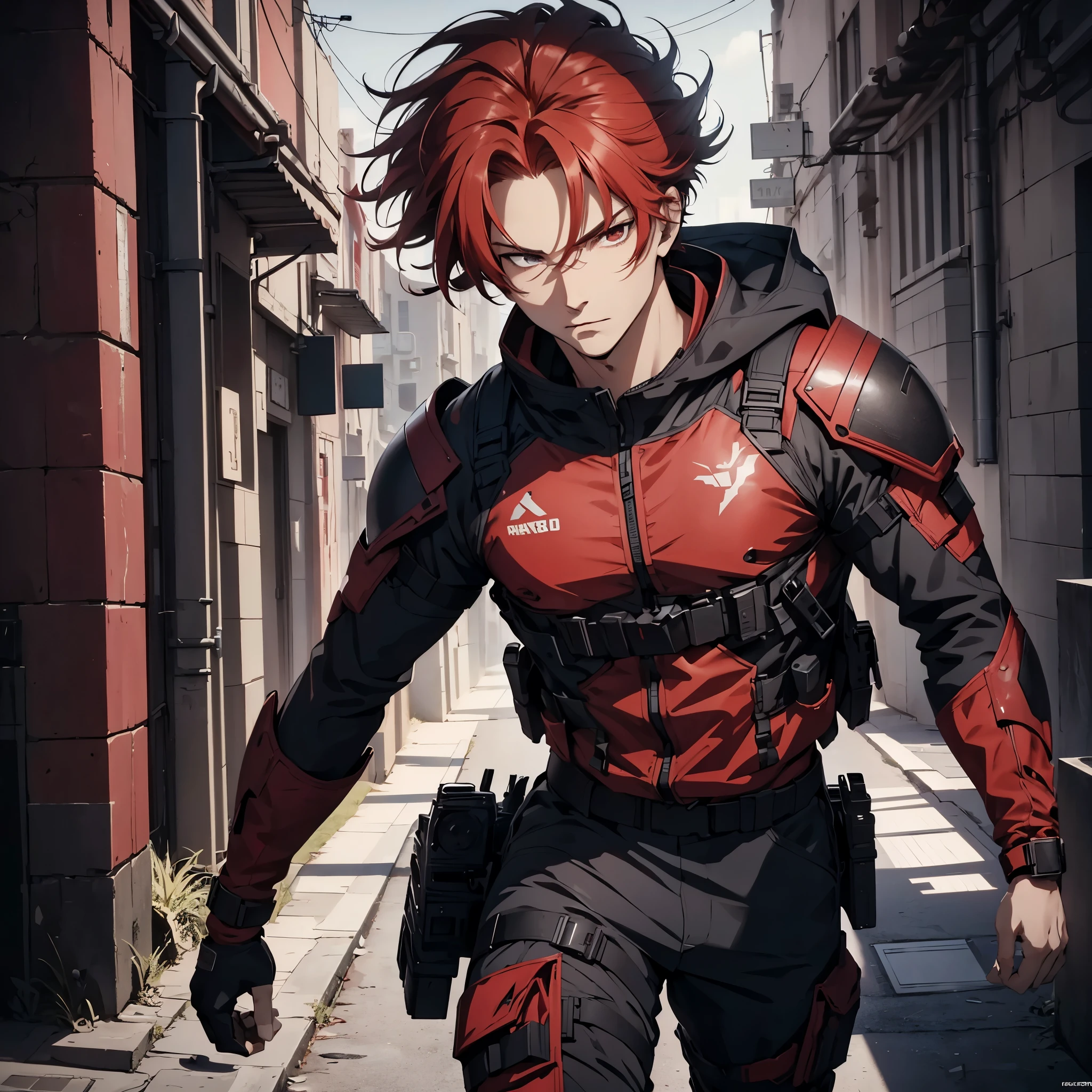 1man, handsome, 18 years old, red wild hair, bangs, wearing combat suit, ultra high resolution, best quality, masterpiece, rtx,ray tracing, 4k, top quality, highly detailed, official art, stunning visuals 