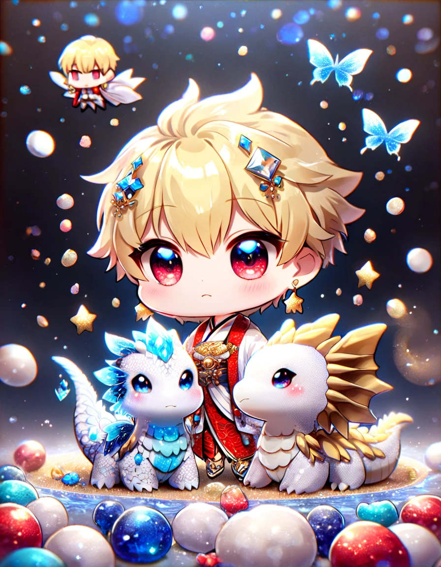 (absurdres, highres, ultra detailed, HDR) master piece, best quality, Gilgamesh chibi, blonde hair, with bangs, expressive red eyes, fate grand order, together with a chibi white dragon, red haori, white kimono with accessories, jewelry, golden earrings, patterns, magical fantasy, blue butterflies, glittering, sparkling, blue lilies, petals, radiant