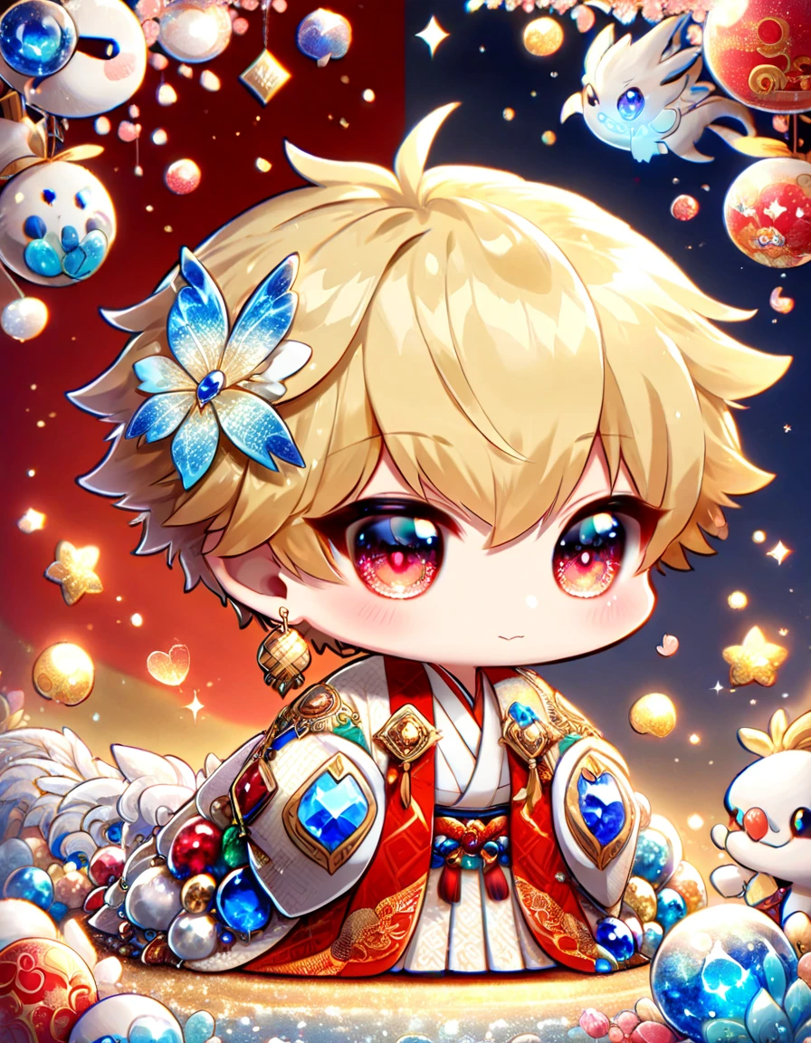 (absurdres, highres, ultra detailed, HDR) master piece, best quality, Gilgamesh chibi, blonde hair, with bangs, expressive red eyes, fate grand order, together with a chibi white dragon, red haori, white kimono with accessories, jewelry, golden earrings, patterns, magical fantasy, blue butterflies, glittering, sparkling, blue lilies, petals, radiant