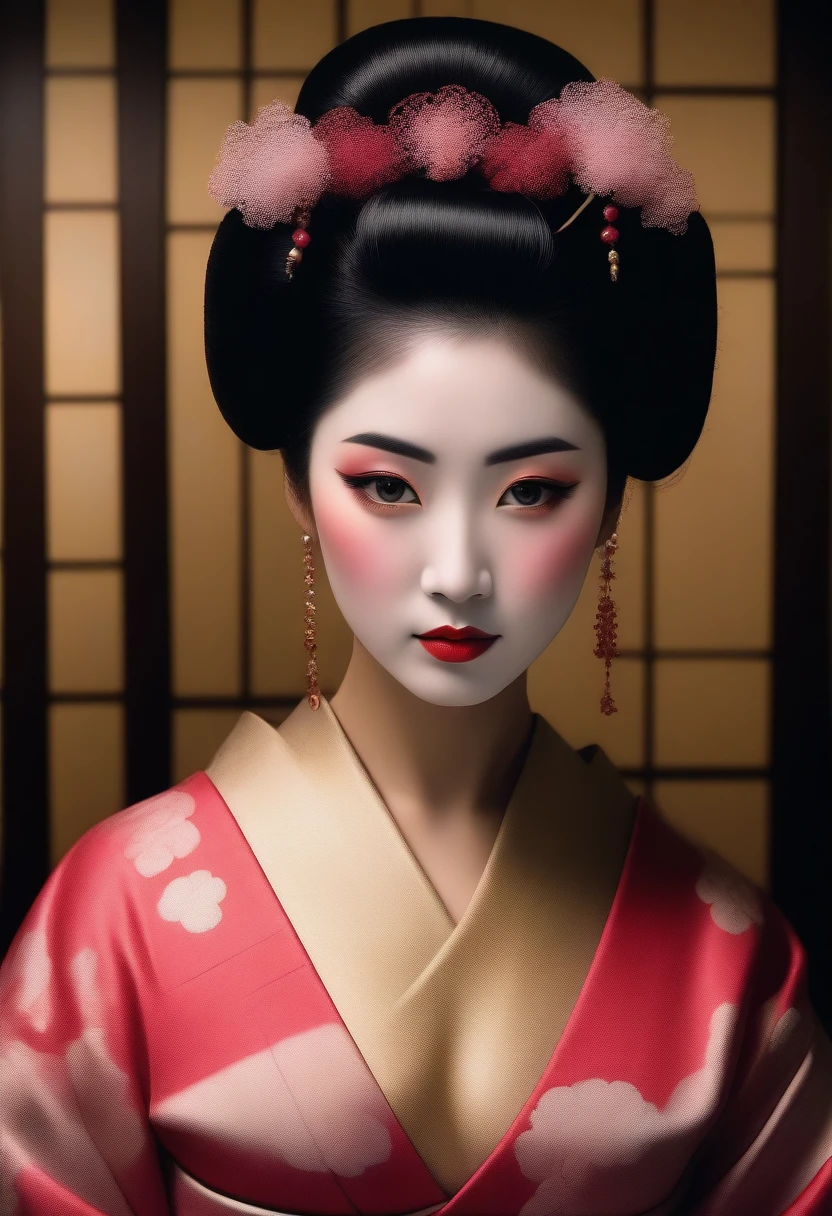 Portrait of a beautiful Geisha, (realistic photo face:1.5), nude, showcasing breasts, Japanese house