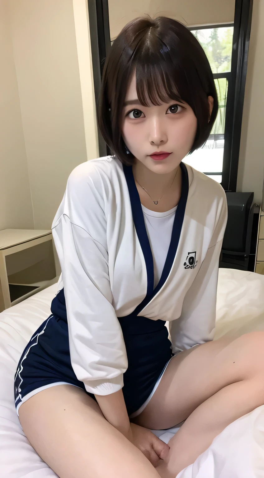 Gym suit、Bloomer-shaped legs、bed、Embarrassed face、Short hair with bangs