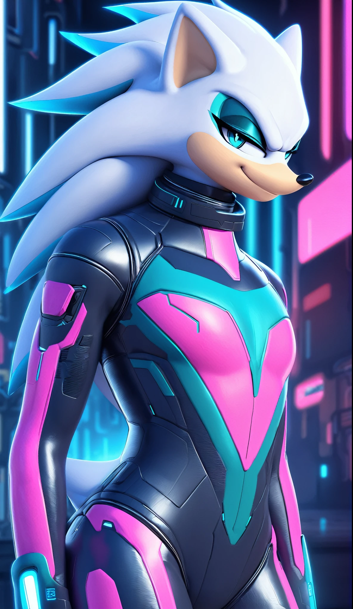 (((masterpiece:1.5, 4K, 8K))), a full body high quality digitally drawn rendered image ((by SEGA)) of A solo male anthro ((silver—white hedgehog)), with glowing blue eyes, ((metallic blue eyeliner:1.5)), (((tan muzzle))), wearing a (((sci-fi bodysuit))) stands in a neon-lit cyberpunk city The android's bodysuit is adorned with (((teal coloring:1.5))) with (((neon pink accents))), and intricate android seams, creating a futuristic look. the android has a seductive smirk on his face