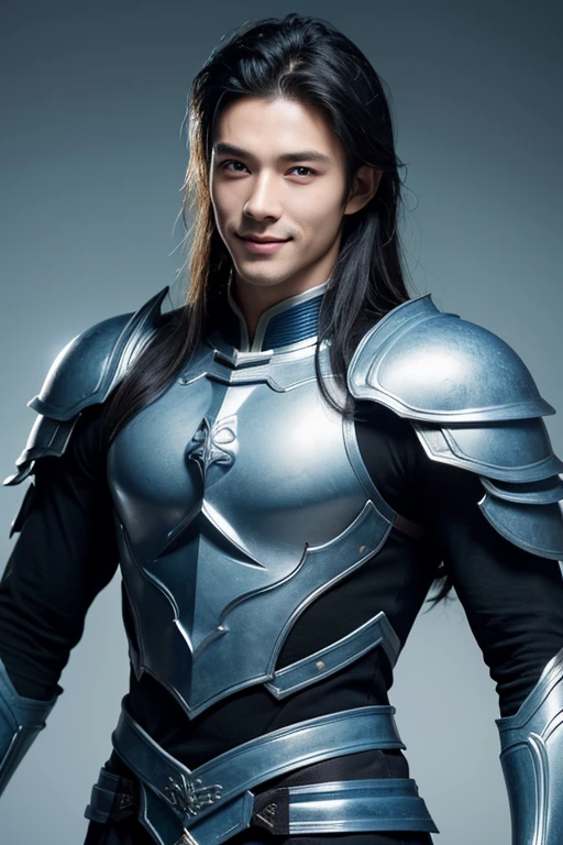 (best quality), (masterpiece), (high resolution), (intricate details:0.2), (professional lighting), simple background, chinese armor, 1boy, solo, (handsome face:1.10), muscular body, fine skin, smile, long black hair, sky blue eyes, see at viewer