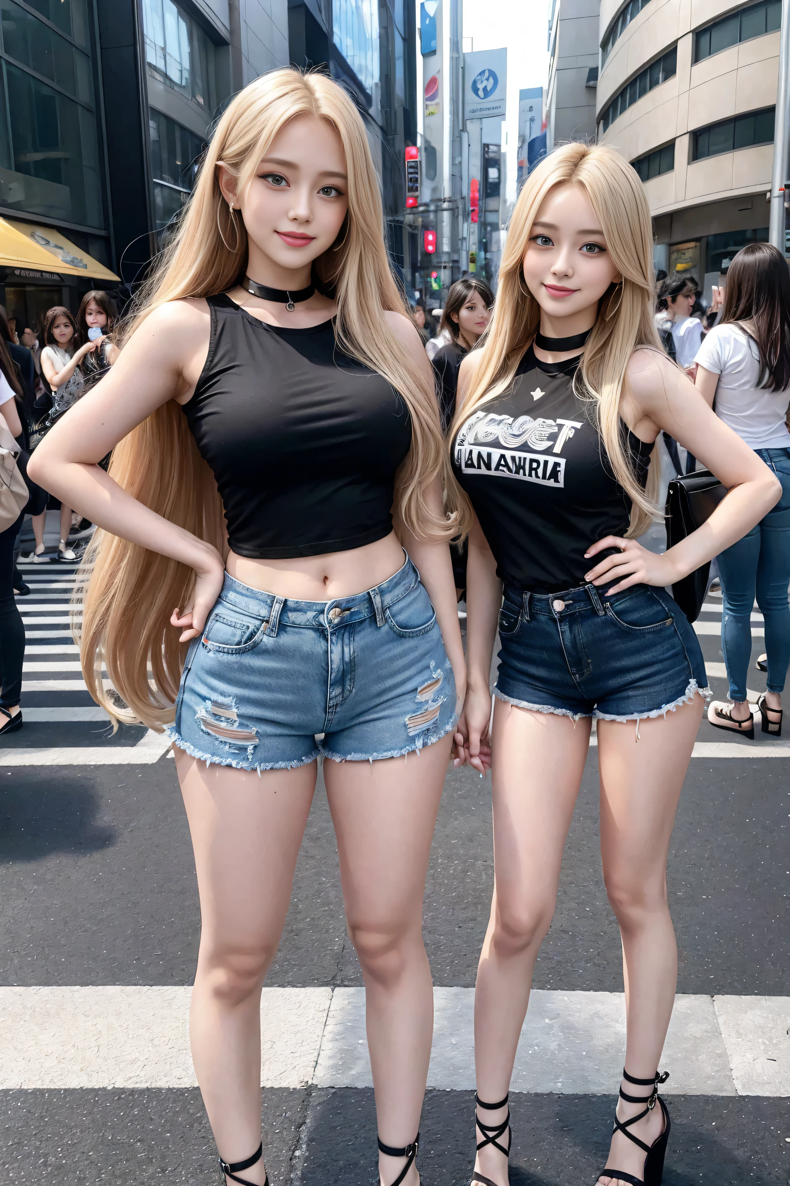 2 girls, (blue eyes), (They are smiling), (In the name of Mina), Wide hips, tetas Large targets, Large target, (Best quality, 8K, masterpiece: 1.3), Perfect hands, Clear focus: 1.2, Perfect body beauty: 1.4, Slim abs: 1.2, Highly detailed face and skin textures, delicate eyes, Double eyelids, (Long blond hair), (Black collar T-shirt), (Denim shorts :1.1), (High heel :1.3), permanent, Dynamic poses, Background Tokyo Shibuya Crossing.