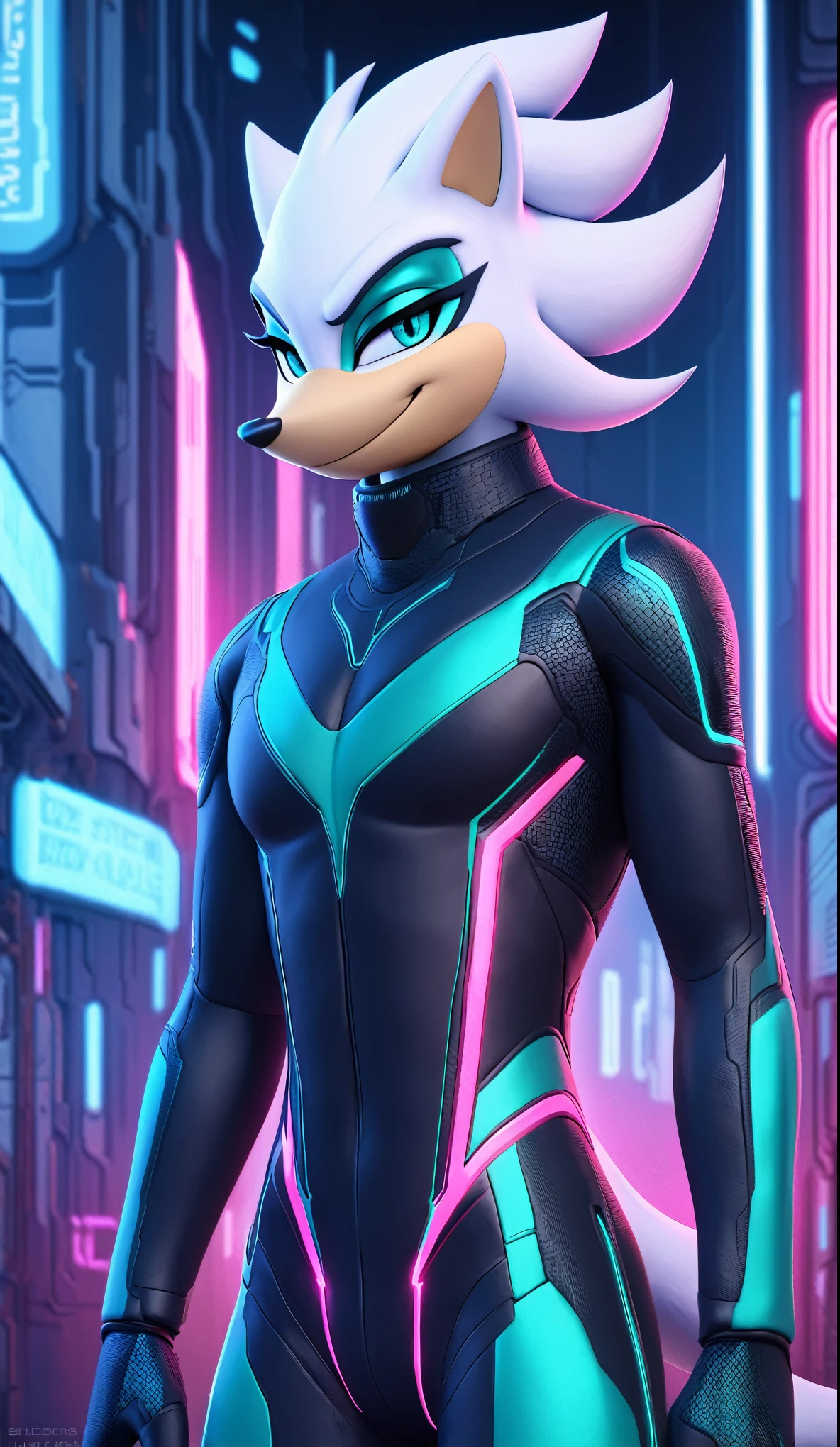 (((masterpiece:1.5, 4K, 8K))), a full body high quality digitally drawn rendered image ((by SEGA)) of A solo male anthro ((silver—white hedgehog)), with glowing blue eyes, ((metallic blue eyeliner:1.5)), (((tan muzzle))), wearing a (((sci-fi bodysuit))) stands in a neon-lit cyberpunk city The android's bodysuit is adorned with (((teal coloring:1.5))) with (((neon pink and black accents))), and intricate android seams, creating a futuristic look. the android has a seductive smirk on his face