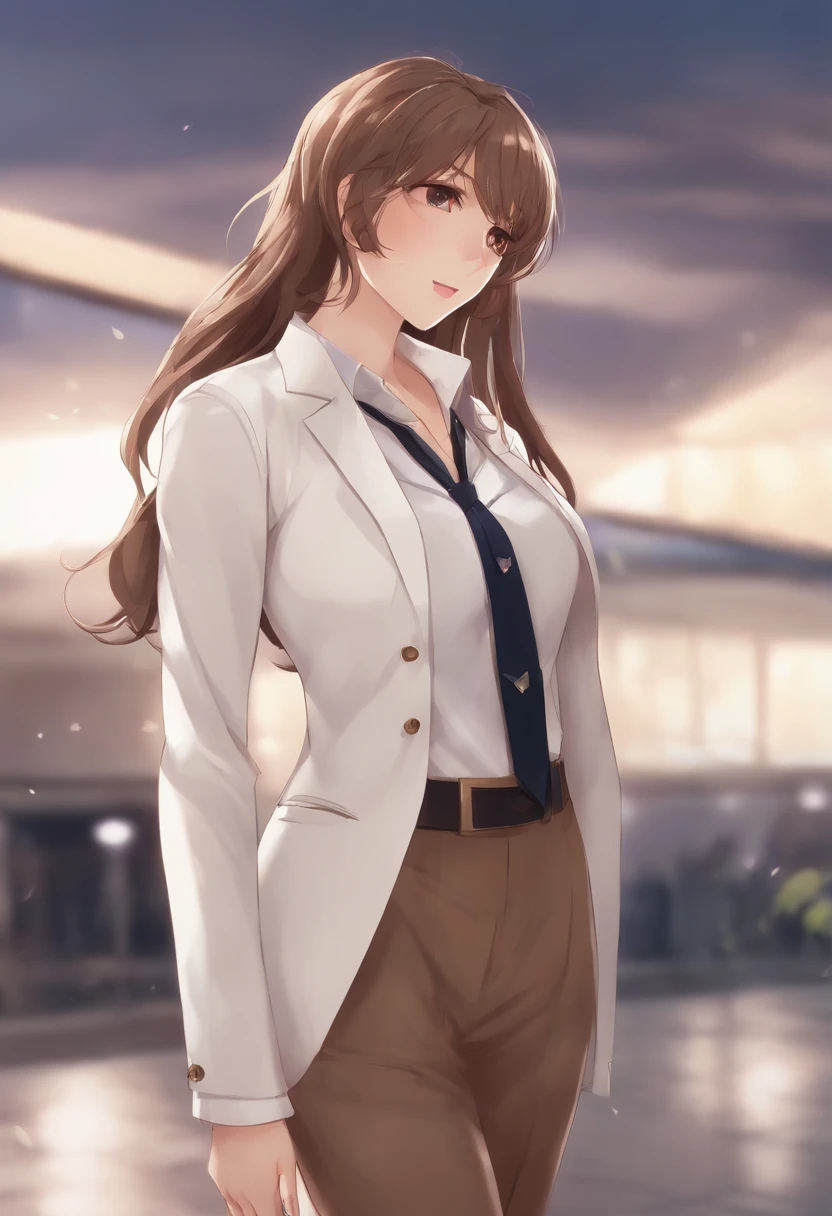 Anime - style image of a character with long brown hair, estilo de anime, hoja de referencia de personajes de anime, Uniforme de profesora camiseta blanca formal y pantalon formal para trabajar, estilo anime plano, anime lleno cuerpo illustration, lleno_cuerpo!!, complete detailed cuerpo, extra detailed cuerpo, anime vtuber lleno cuerpo model, Soft anime illustration, personaje de estilo anime, estilo anime limpio y detallado, que no se vea su estomago