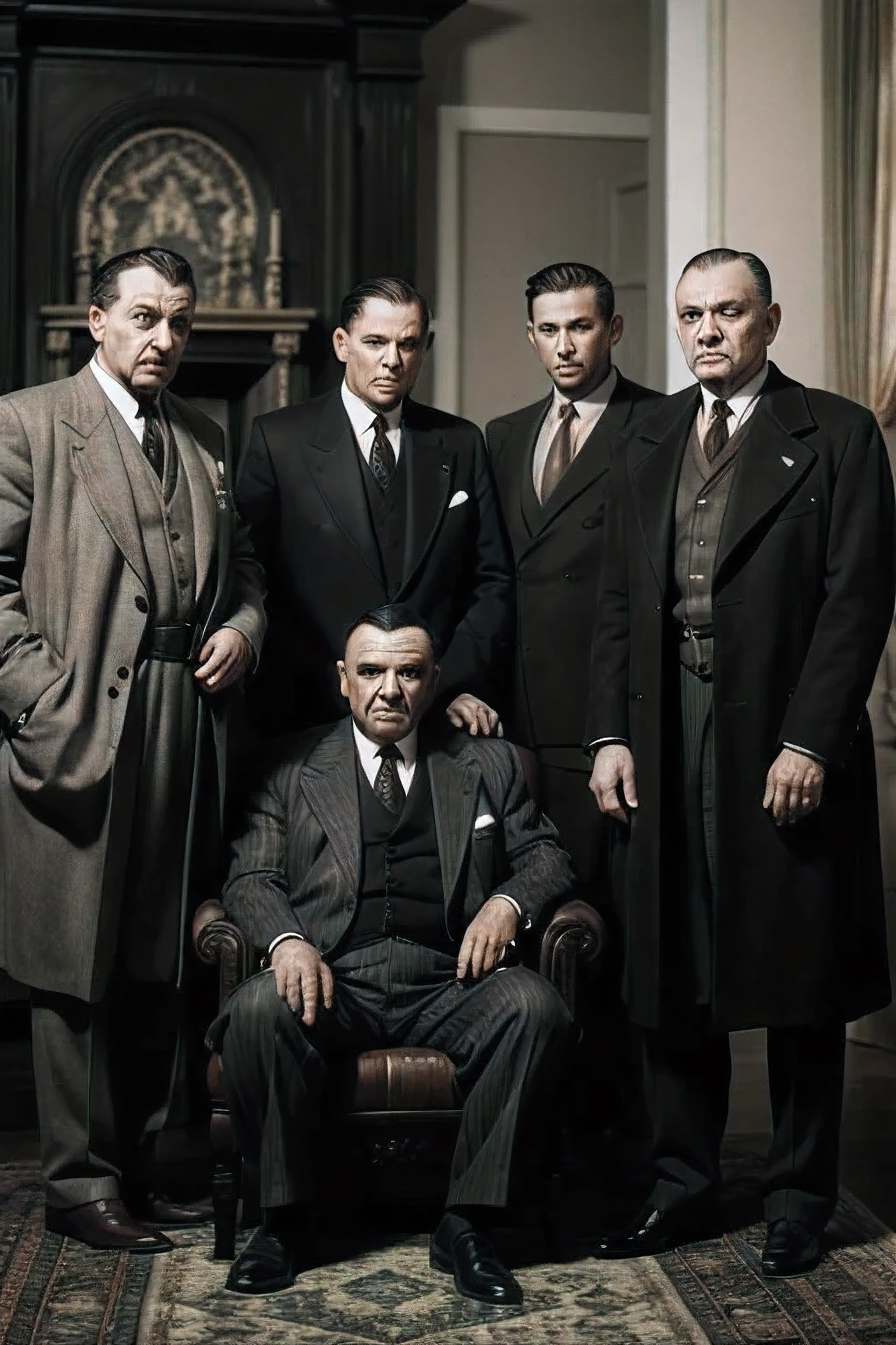 a group of mafiosi standing in front of a fireplace, 1940s atmosphere