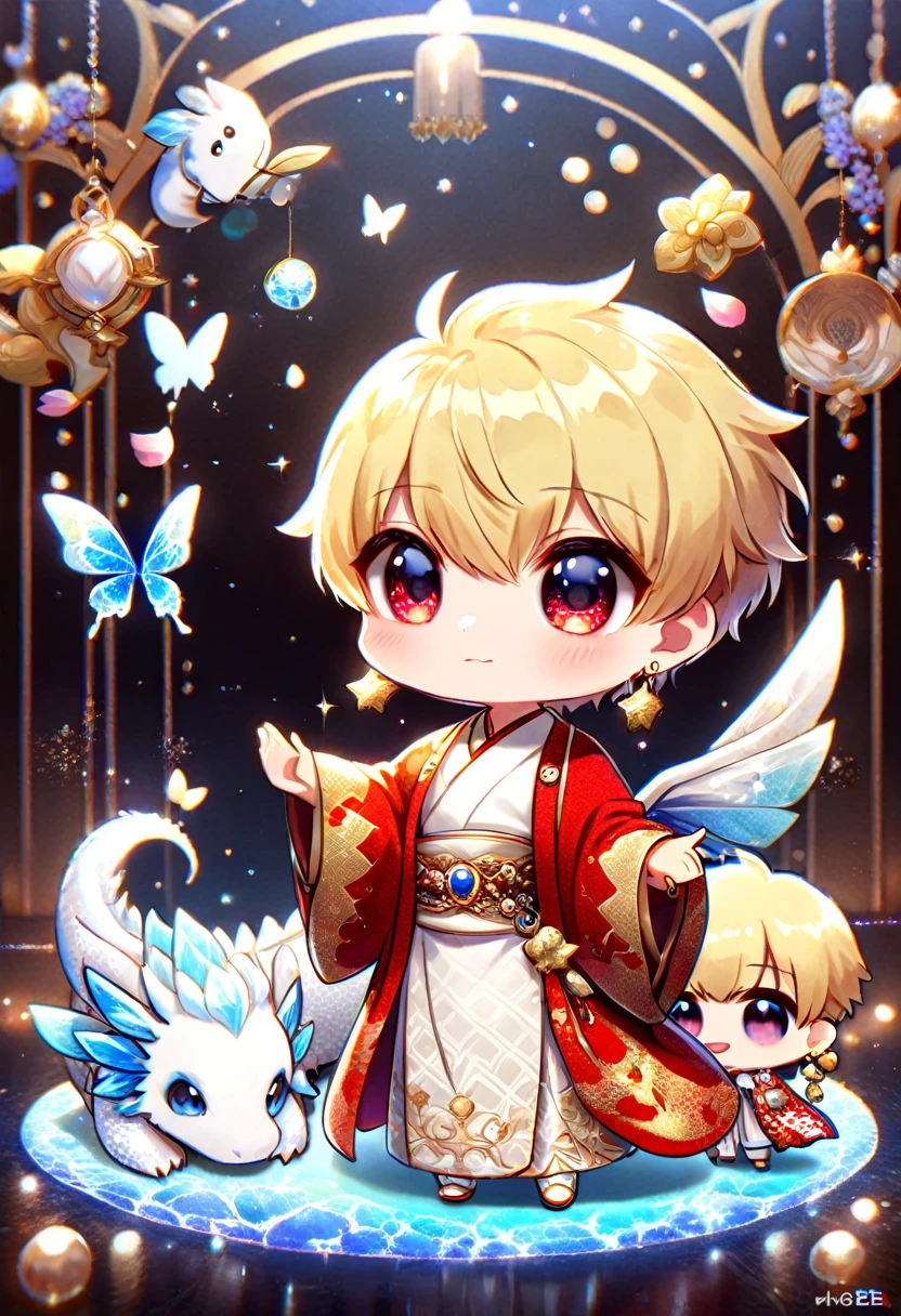 (absurdres, highres, ultra detailed, HDR) master piece, best quality, Gilgamesh chibi, blonde hair, with bangs, expressive red eyes, fate grand order, together with a chibi white dragon, red haori, white kimono with accessories, jewelry, golden earrings, patterns, magical fantasy, blue butterflies, glittering, sparkling, blue lilies, petals, radiant