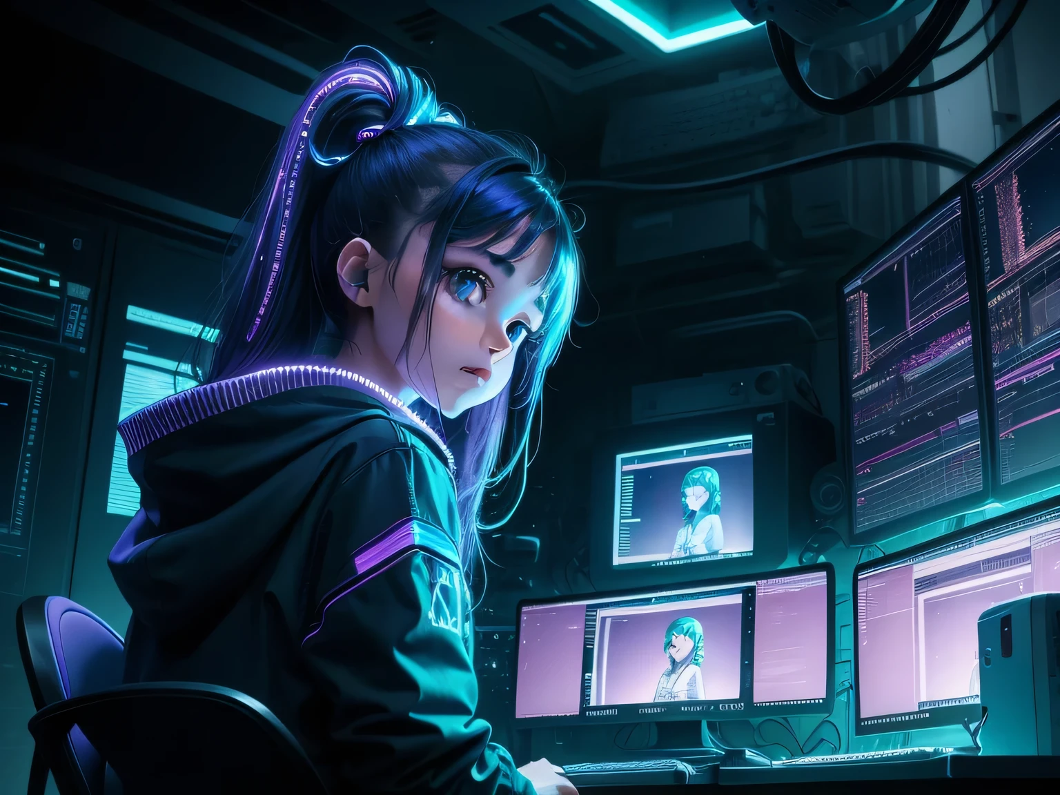Una chica joven, 16-year-old works in his home lab surrounded by holographic screens and cables , por la ventana se ve una ciudad futurista y distopica creada con tonos azules, violetas y verdes.