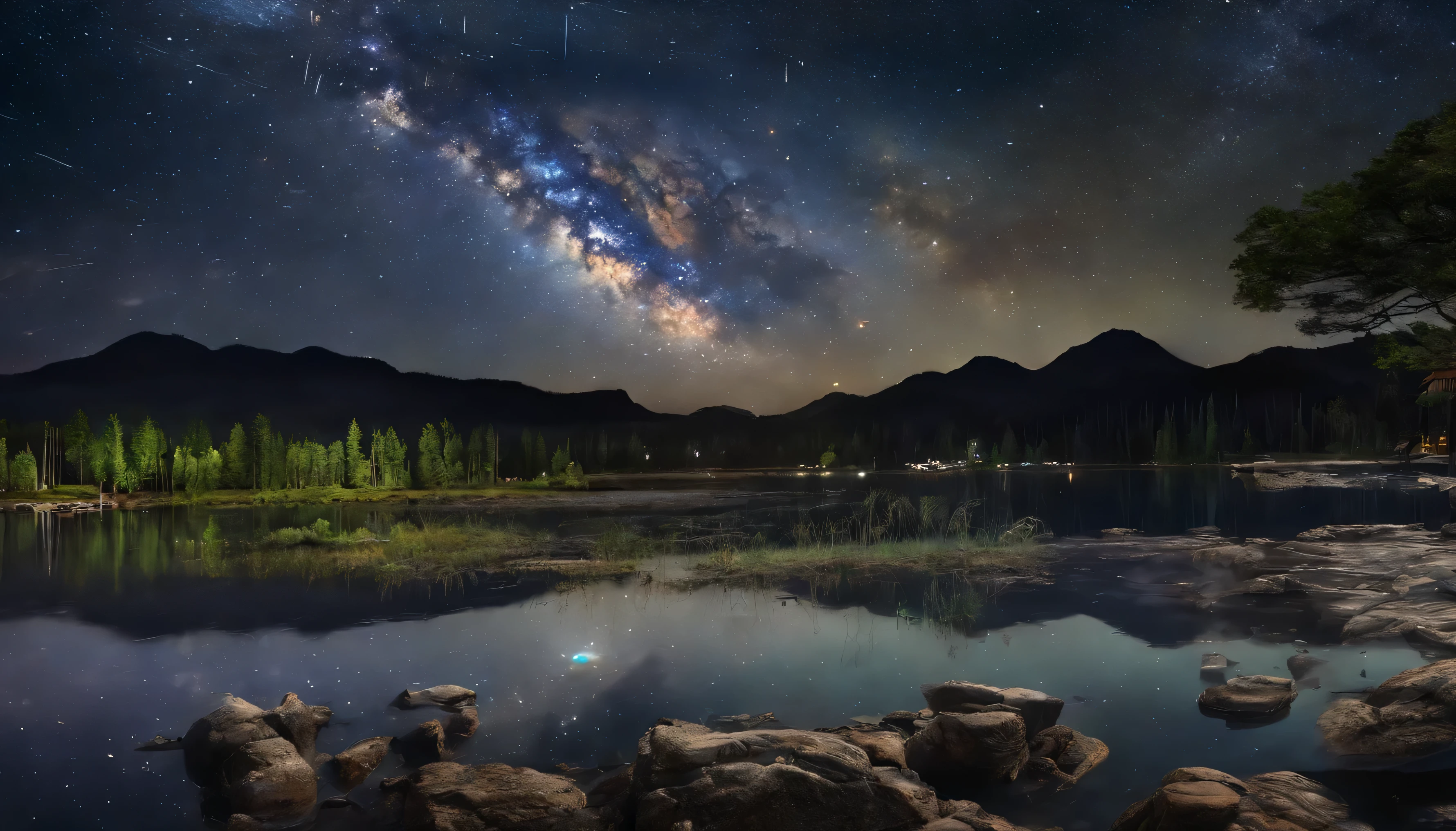 nigh sky、night sky full of stars、The surface of the water is reflecting the stars、Top image quality、