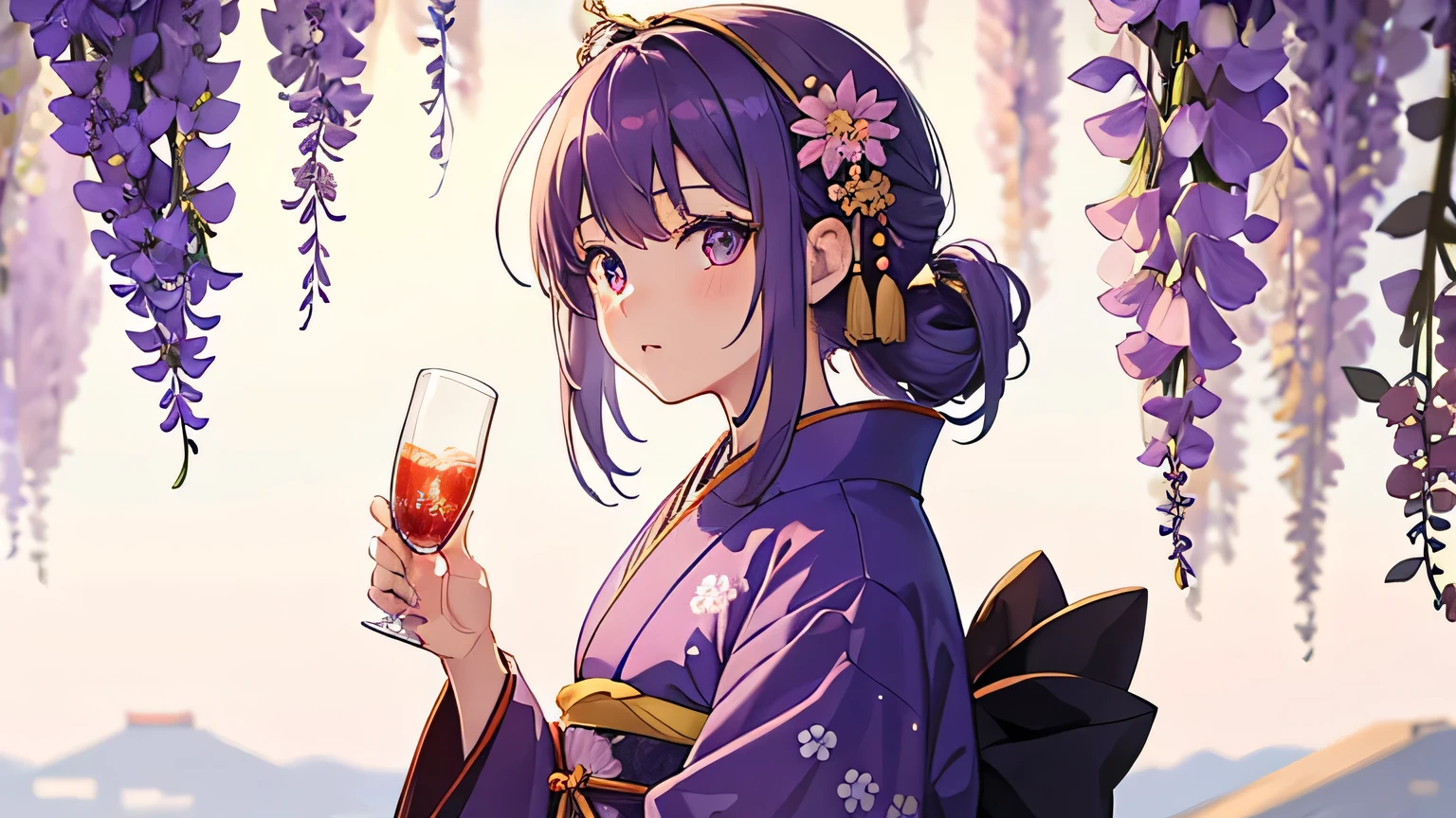 High quality anime image, girl wearing a kimono, girl around 30 years old, kimono pattern is wisteria flowers, Japanese sake inspired, wisteria hair ornament on her head, Kyoto style girl