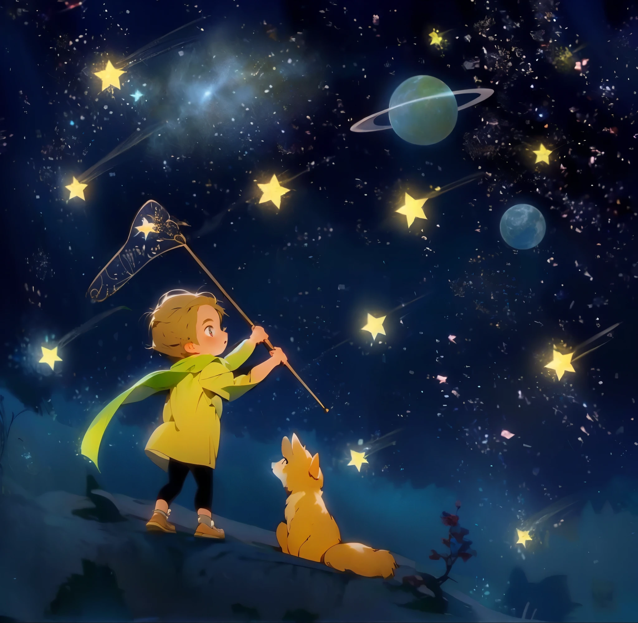 Boy with bow in hand, cabelo loiro, cachecol, raposa,  pegando as estrelas, arte linda, obra de arte, visual, arte anime, cores vivas, cores vibrantes, cena de fundo mundo estrelado, noite estrelada