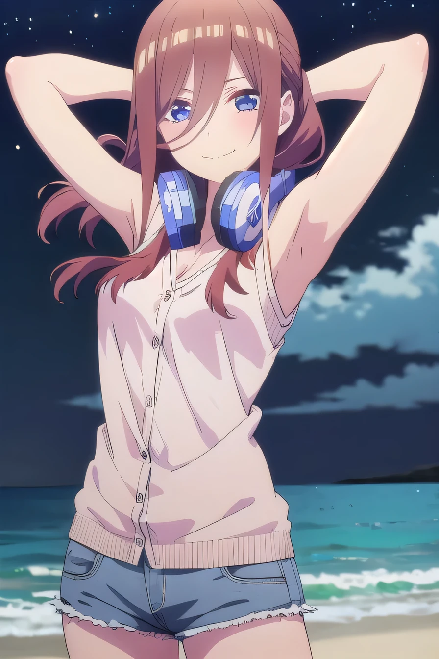 solo, 1girl, looking at viewer, 2D, anime, anime coloring, miku nakano, cardigan, headphones around neck, solo, night sky, beach, arm behind head, hand on hip, spread armpits, contrapposto, closed mouth, (cowboy shot:1.5), looking at viewer, smile,