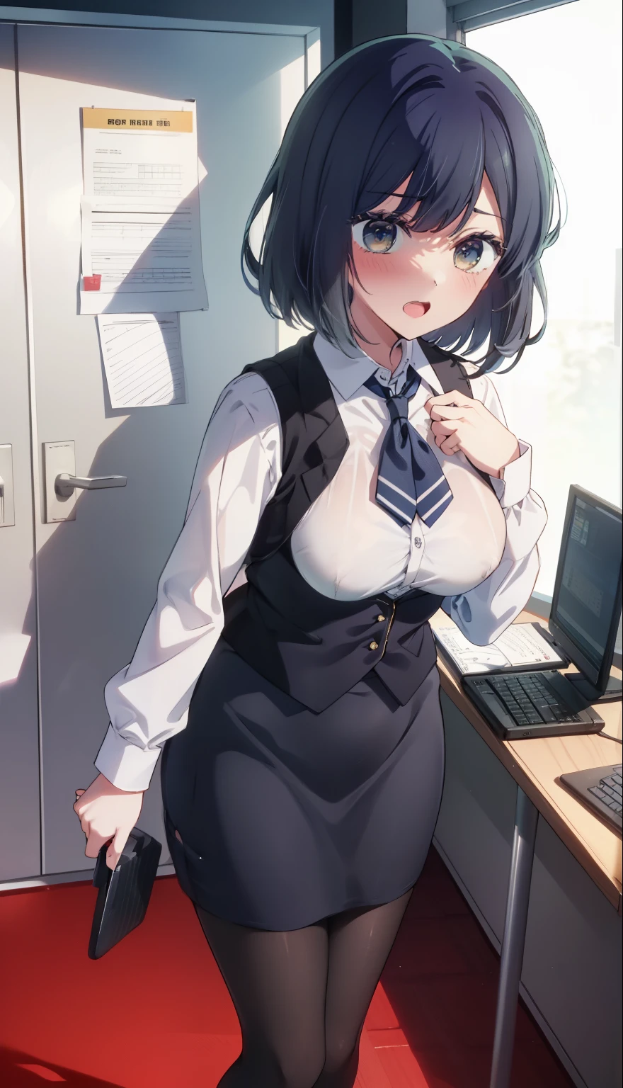 highest quality, Flying debris、Beautiful woman、Office Lady、Black Hair、(Brown eyes、Big Breasts、Blunt bangs)、short hair、Dark blue checked office suit)、new employee,Full Body Shot、Female office lady、break(Dark blue checked vest、White dress shirt、Navy blue mini tight pencil skirt:1.2)、(Black Pantyhose、garter belt、High heels)、break(office:1.3)、Cleavage、Shirt buttons fly off、Absolute area、Blushing、Embarrassed、Standing posture、Open your mouth、Exposing the breasts、Bare your breasts、No panties、No bra、Nipples are visible、Expose the nipple