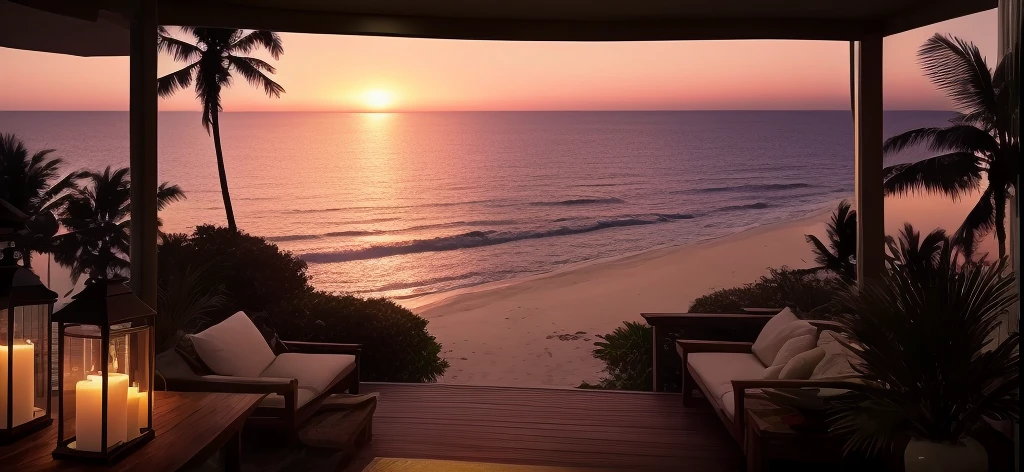 Aerial view of the beach with palm trees and candles, Ocean View, Luxurious surroundings, Overlooking the sea, Sunset view, Beautiful atmosphere, Beautiful views, Night atmosphere, Relaxing environment, Nice views, 穏やかなNight atmosphere, Peaceful atmosphere, Beautiful atmosphere, Ocean view, 8k Sensual Lighting, in a beachfront environment