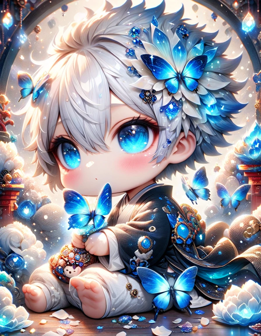 (absurdres, highres, ultra detailed, HDR) master piece, best quality, Gojo Satoru chibi, white hair, with bangs, hair between the eyes, expressive blue eyes, white eyelashes, Jujutsu Kaisen, solo, together with a chibi white dragon, black haori, white kimono with accessories, jewelry, patterns, magical fantasy, blue butterflies, glittering, sparkling, blue lilies, petals, radiant