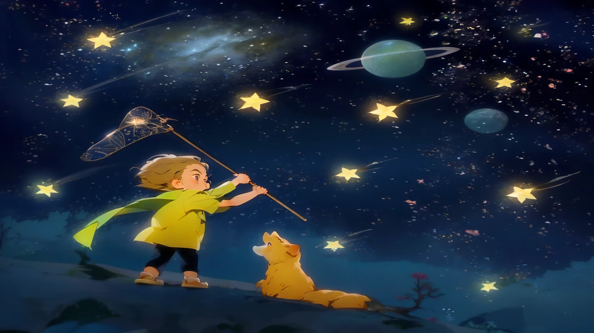 Boy with bow in hand, cabelo loiro, cachecol, raposa, menino pegando as estrelas, arte linda, obra de arte, visual, arte anime, cores vivas, cores vibrantes, cena de fundo mundo estrelado, noite estrelada