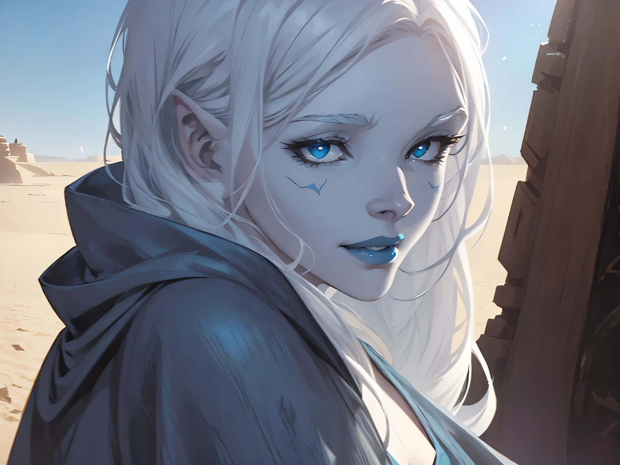 star wars, jarael, pale white skin, white hair, ((blue lips)), medium breasts, naked in the desert, wearing an open loose billowing robe with a hood, hot dry desert, sexy, smiling