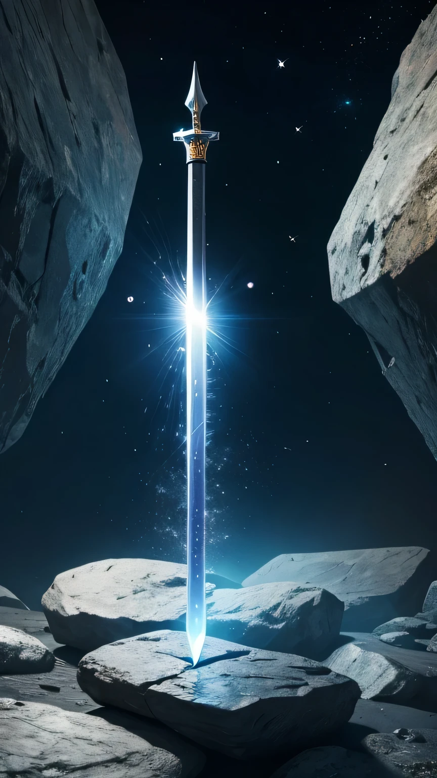 A cosmic sword placed on rocks