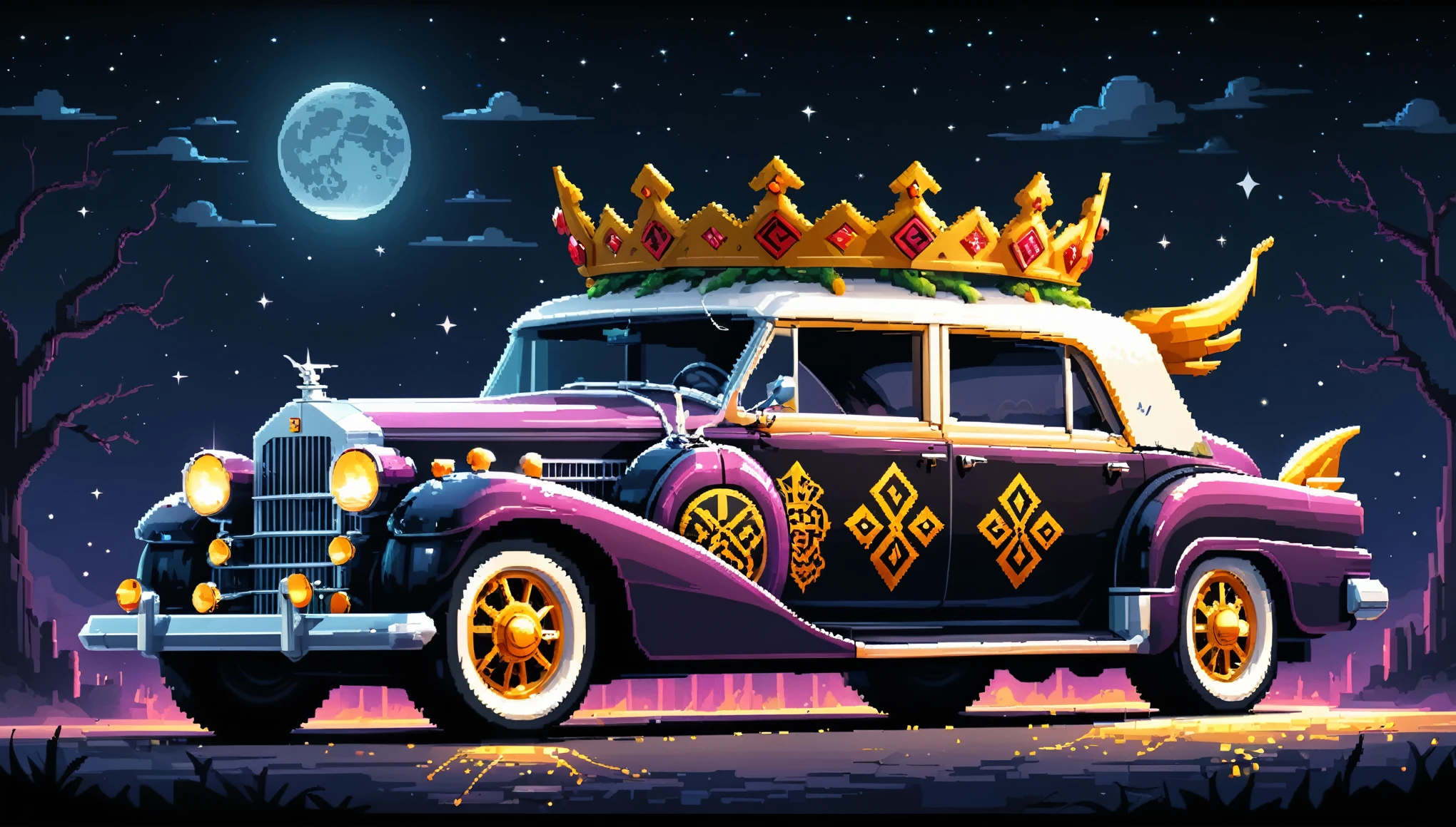 Bright epic professional (cute cartoon pixel illustration:1.2), (masterpiece in maximum 16K resolution, superb quality, ultra detailed:1.3), side view of a grand (bizarre:1.2) Cadillac with tall wheels and (sharp features, decorated with runes and folding roof), speeding amidst the silhouetted Gothic world of at night, sparkles.