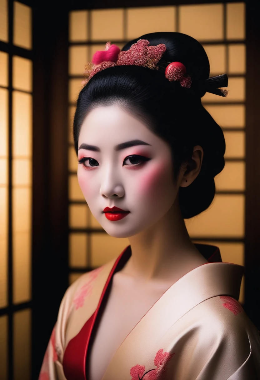 Portrait of a beautiful Geisha, (realistic photo face:1.5), nude, showcasing breasts, Japanese house