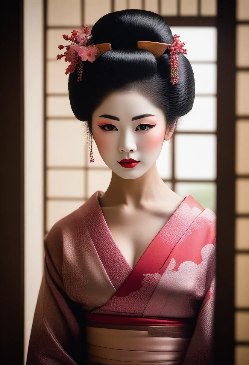 Portrait of a beautiful Geisha, (realistic photo face:1.5), nude, showcasing breasts, Japanese house