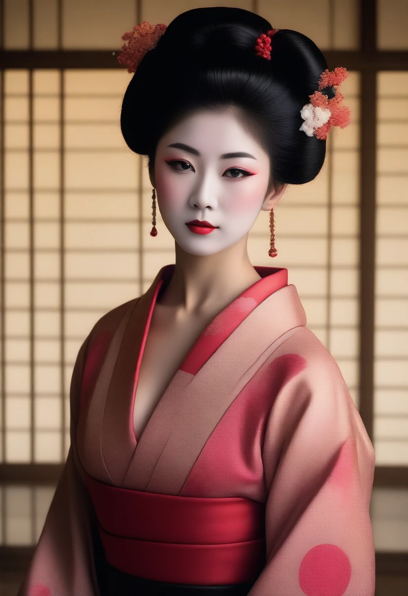 Portrait of a beautiful Geisha, (realistic photo face:1.5), nude, showcasing breasts, Japanese house