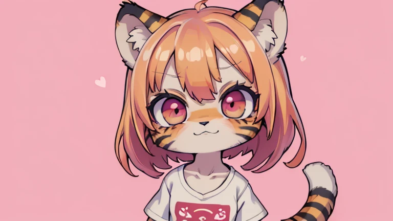 (obra maestra, Alta calidad, mejor calidad, 8K, high resolution), ((estilo chibii, Chibi lindo)), (solo, 1 girl), {Tiger Girl, cara de tigre, 2 colmillos, long eyelashes, delineador de ojos} {bigotes de tigre}, (((Piel de tigre por todo el cuerpo., Rayas de tigre en el cuerpo.))), (pelo naranja), cabello corto, Pinza para el cabello, [[Pinza para el cabello white flower on hair]], ((Muy feliz)), ((boca abierta)), ojos naranjas, [pupilas negras], ((buscando)), (very small breasts), brazos delgados, (un brazo arriba, un brazo hacia abajo), axilas, ((mini camiseta rosa, camiseta rosa completa)), {shorts blancos}, {{{mini cola de tigre, Cola en la espalda}}}, (cuerpo completo), (((de pie, jump angle))), dynamic pose, Fondo blanco, fondo sencillo, ((((Estilo Tora-chan no Hanayome)))), (old anime style 40s), estilo animado, anime color.