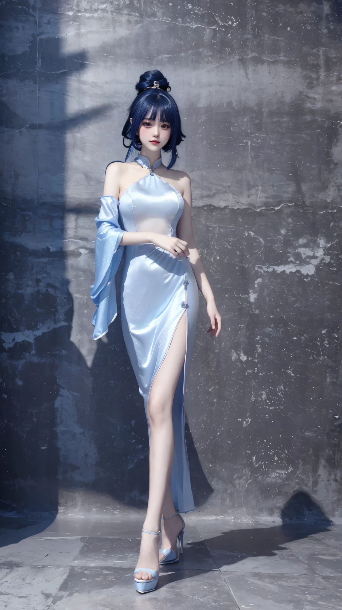 8K, Surrealism, masterpiece, best quality, Super detailed, high resolution, Random Background, 1 girl, (:1.5), Yao Liuer, Blue cheongsam，translucent，Blue Hair，Standing，whole body，High heel，High heel，whole body，white silk