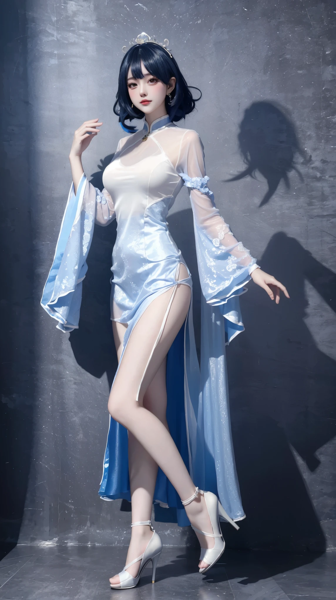 8K, Surrealism, masterpiece, best quality, Super detailed, high resolution, Random Background, 1 girl, (:1.5), Yao Liuer, Blue cheongsam，translucent，Blue Hair，Standing，whole body，High heel，High heel，whole body，white silk