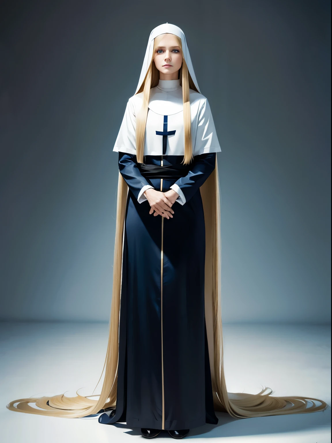 full body Pure blond straight hair, (long hair) (((straight hair))), Detailed hair, Blue Eyes, beautiful eyes, light on the face, pale skin, a 50 year old woman, nun, 