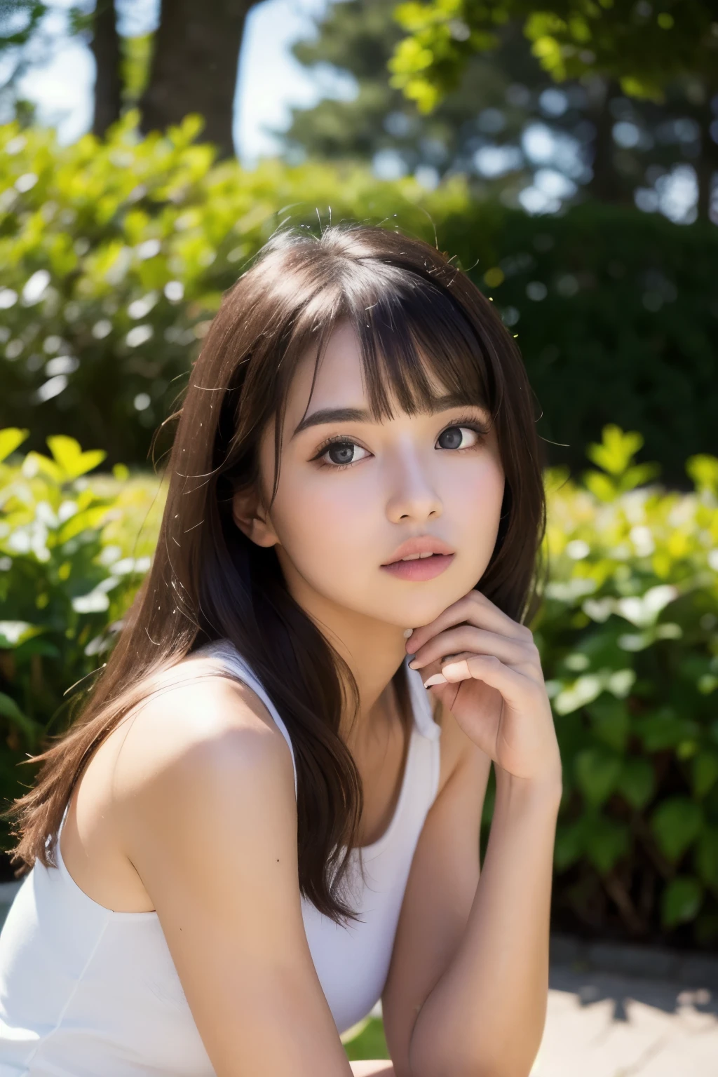 (masterpiece, highest quality, Raw photo, 8k), beautiful girl, Sunlight filtering through the trees, (Natural light), beautiful girl, White shirt, ( string, race), beautiful girl, (Beautiful Eyes, Eye light, Delicate face, Thin eyebrows)、 light makeup, (Thin eyebrows, Light eyebrow color, The light hits my cheek), (), Straight Hair, bangs, delicate, beautiful girl, (Glossy cheeks, closed lips, ), Turf, Hold your knees, Thighs