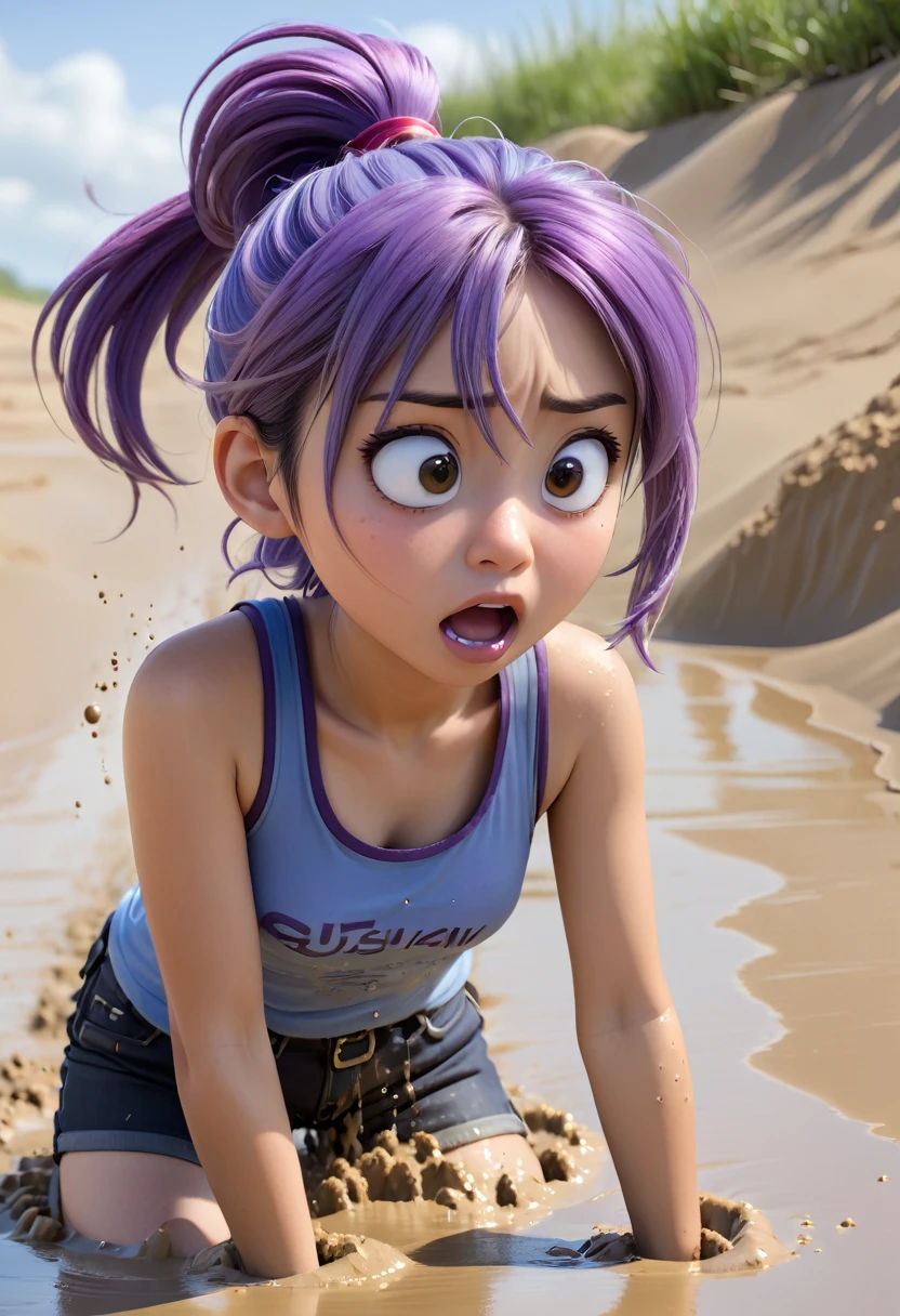 14 year old Japanese girl, purple hair in a ponytail, blue collar, gray tank top, terrified, stuck in quicksand up to her chest, trying to move to free herself, suffocating, 3d Pixar, (best quality, 4k, 8k, HD resolution, Masterpiece: 1.2), highly detailed, (realistic, photorealistic, photorealistic: 1.37), quicksand, vivid colors, studio lighting