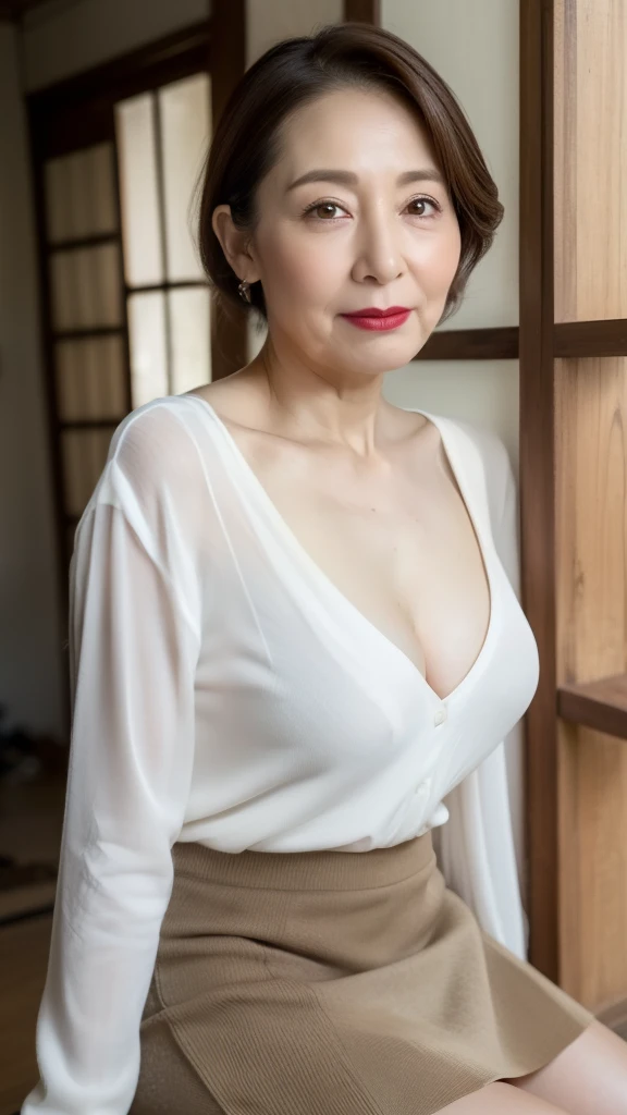 High resolution, high resolution, Attention to detail, masterpiece, Textured skin, Anatomically correct, sharp, ((Japanese Mature, 80 years old)), solo, ((Facial wrinkles)), Shapely large breasts, Straight light brown hair that reaches the shoulders, bangs,(((Stand upright, Facing the center of the screen.))),Looking at the photographer, Close your mouth and stare straight ahead, Sheer white sweater, (Ultra mini skirt:1.4),(Sitting),(Thighs:1.3),In an abandoned house,(Serious expression),(Cleavage),(Old woman),Red lipstick