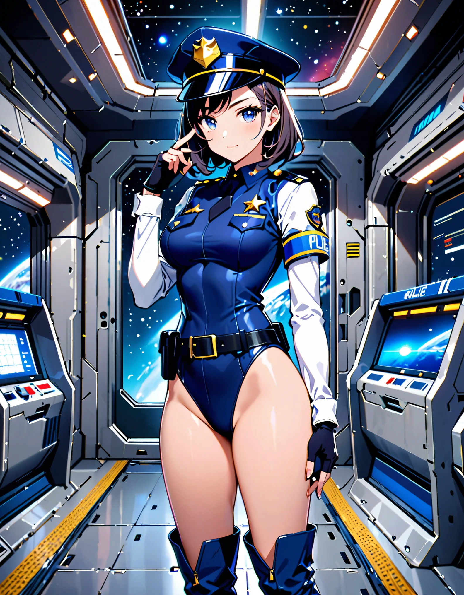 (masterpiece), (best quality), (high res),1girl, tall body, beautiful detailed eyes, beautiful detailed face, cute face, perfect hands, complete fingers, perfect anatomy, perfect proportions, ((hat, dark blue police hat)), ((leotard, matching leotard, bare legs)), ((boots, matching boots)), breasts, medium breasts, fingerless gloves, (full body portrait), ((back view)), looking at viewer, solo, solo focus, standing, police uniform, cowboy shot, space station backdrop, indoors, (belt, tight belt), (armbands, white sleeves), full body costume design.