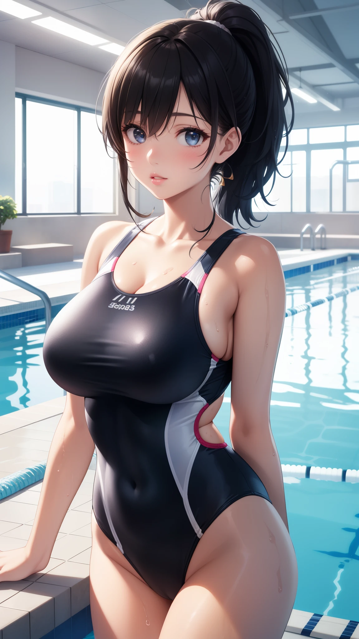 1girl, natural lighting, masterpiece, highly detailed, illustration, game CG, absurdres, high quality, aichan, (large breasts), beautiful detailed eyes, short black hair, ponytail, light curled hair, bangs, glossy lips, indoors, lips parted, one-piece swimsuit, indoor pool