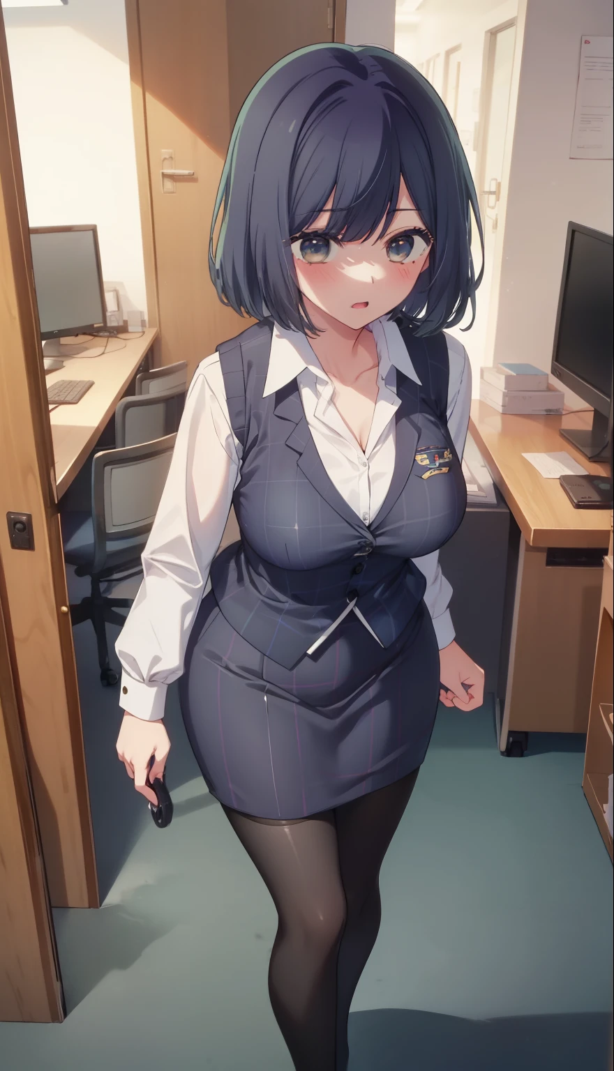 highest quality, Flying debris、Beautiful woman、Office Lady、Black Hair、(Brown eyes、Big Breasts、Blunt bangs)、short hair、Dark blue checked office suit)、new employee,Full Body Shot、Female office lady、break(Dark blue checked vest、White dress shirt、Navy blue mini tight pencil skirt:1.2)、(Black Pantyhose、garter belt、High heels)、break(office:1.3)、Cleavage、Shirt buttons fly off、Absolute area、Blushing、Embarrassed、Standing posture、Open your mouth、Exposing the breasts、Bare your breasts、No panties、No bra、Nipples are visible、Expose the nipple