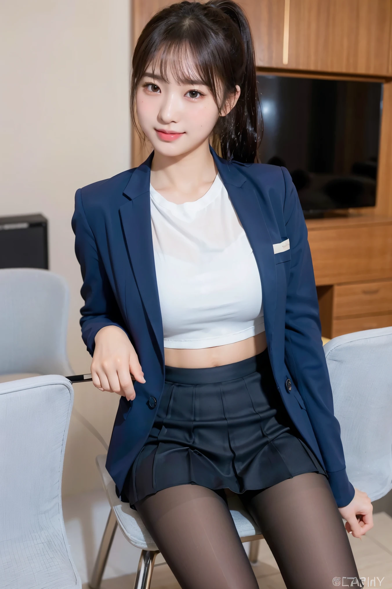 (8k), (highest quality: 1.2), (Realistic), (Realistic: 1.37), Ultra-high resolution, 1 girl, cute, Shiny skin,(Blushing:1.2),smile, Mouth closed, Beautiful details, Beautiful Nose, whole body, Wet Hair, ponytail,Giant Dulcefo, pork,Navel exposed,(University Student Uniform:1.2),A simple blazer,(Pleated skirt:1.2),Sit on a chair, (shiny pantyhose:1.2)