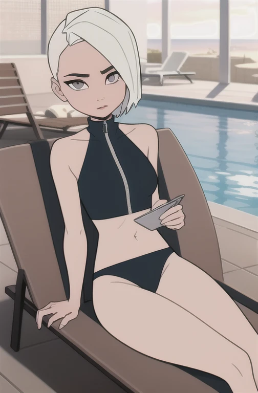 (dark theme:0.6), Glucose, 1 Girl, mature face, One, short hair, in a black one-piece bikini,  sexuality, Long legs, High growth, лежи на sun loungerе, sun lounger, Sun, wound, beach, pool, загорает в poolе, lifebuoy 1.2), White hair, pomade, decrease,  I look at the viewer, grey eyes, Sharp image, crop top, (HDR:1.22), Muted colors, complex background, Hyper detailed, art [[Jordan Grimmer]]