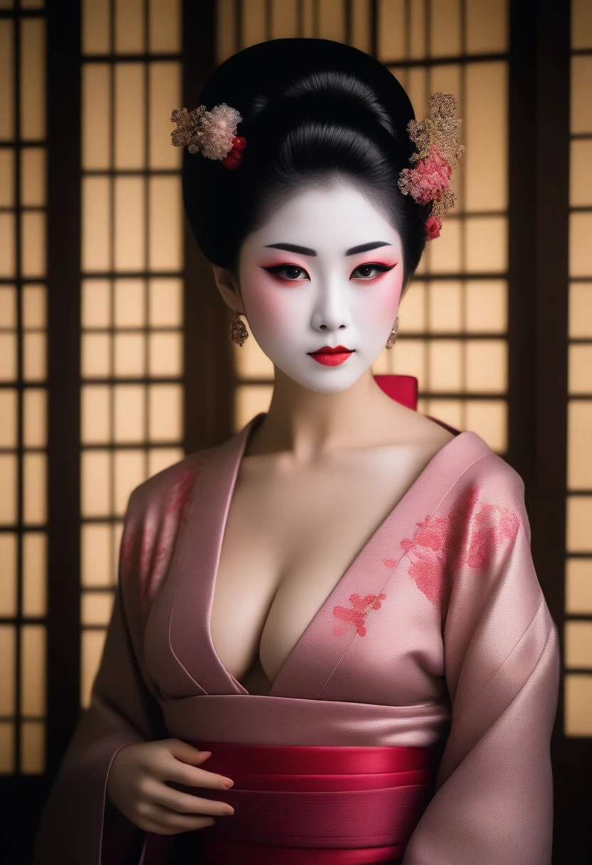 Portrait of a beautiful Geisha, (realistic photo face:1.5), nude, showcasing breasts, Japanese house