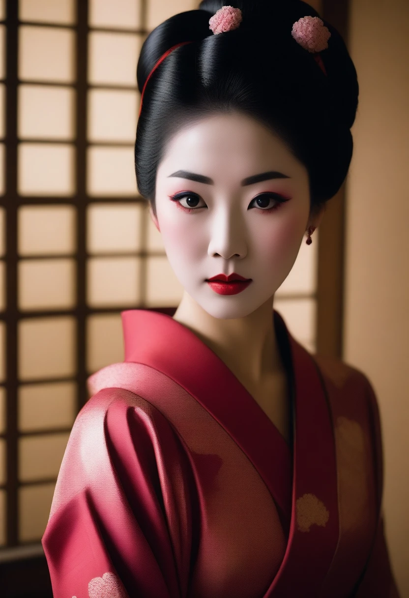 Portrait of a beautiful Geisha, (realistic photo face:1.5), nude, showcasing breasts, Japanese house