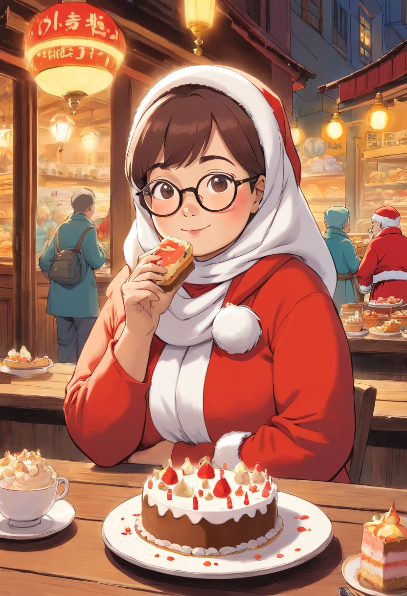 50 years old chubby indonesian female wearing glasses, eating a cake, wearing Santa Claus suits and hijab, tintin, herge, with a white cat , european comics, cafe background