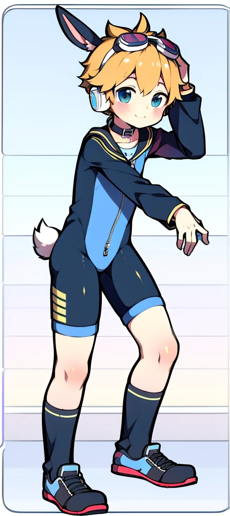 Second dimension boy teenager，Bodysuit，Rabbit ears，Cow ears，Put the headphones on your head，stand up，goggles，sports shoes，Slim，Sailor collar，White knee socks，Leg ring，cute，happy，zipper，strap
