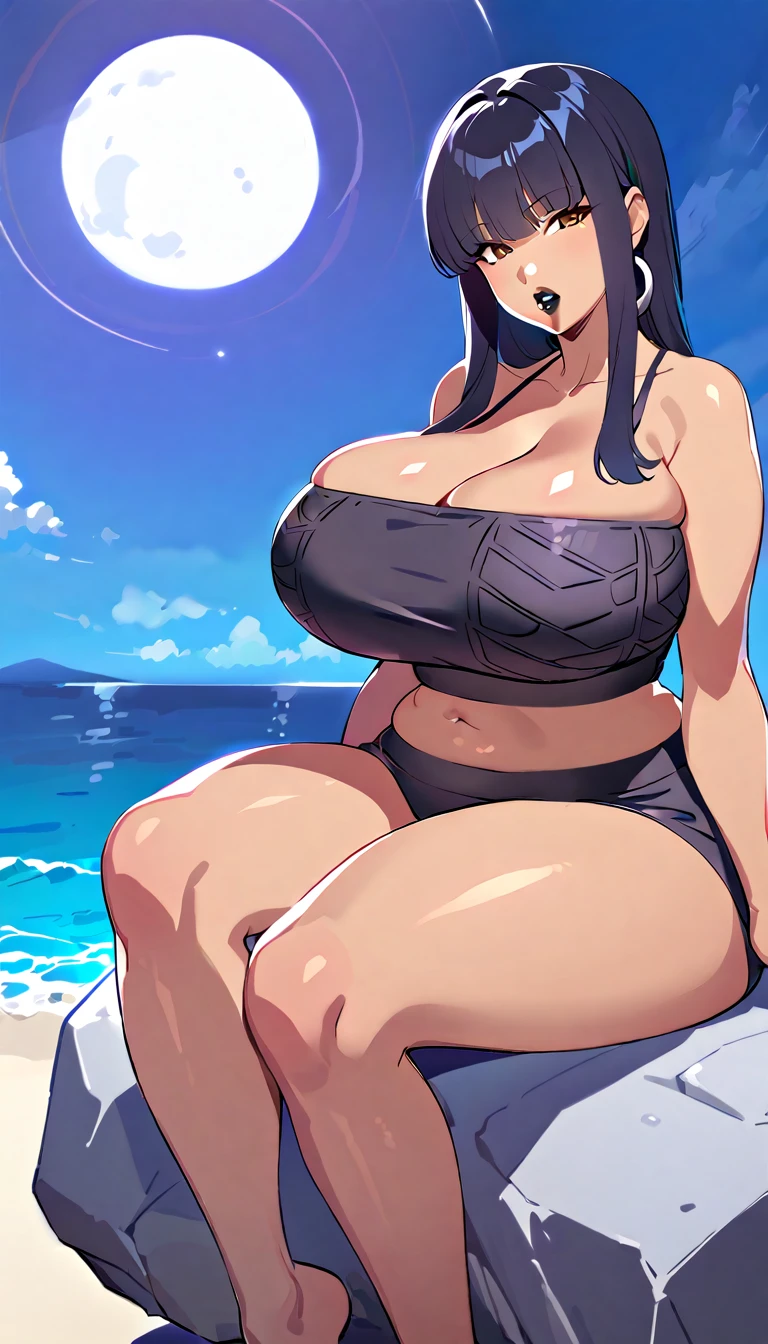 score_9, score_8_up, score_7_up, score_6_up, source_anime, BREAK 1girl goth mom, all black hair, hair over eyes, black lipstick, spider pattern sundress, bare shoulders, cleavage, front view, window, night sky, (tube top:1.3), dark skinned woman, Attractive thighs, Attractive waist circumference, (Parted lips:1.1), (Plump lips:1.2) Perfect Anatomy, (mature female, milf:1.2), narrow waist, open cleavage, beach setting, sitting on rock next to the ocean, showing feet, looking at moon, gal, gyaru,