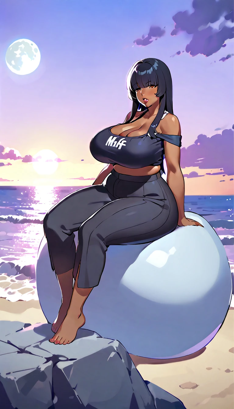 score_9, score_8_up, score_7_up, score_6_up, source_anime, BREAK 1girl goth mom, all black hair, hair over eyes, black lipstick, spider pattern sundress, bare shoulders, cleavage, front view, window, night sky, (tube top:1.3), dark skinned woman, Attractive thighs, Attractive waist circumference, (Parted lips:1.1), (Plump lips:1.2) Perfect Anatomy, (mature female, milf:1.2), narrow waist, open cleavage, beach setting, sitting on rock next to the ocean, showing feet, looking at moon, gal, gyaru,