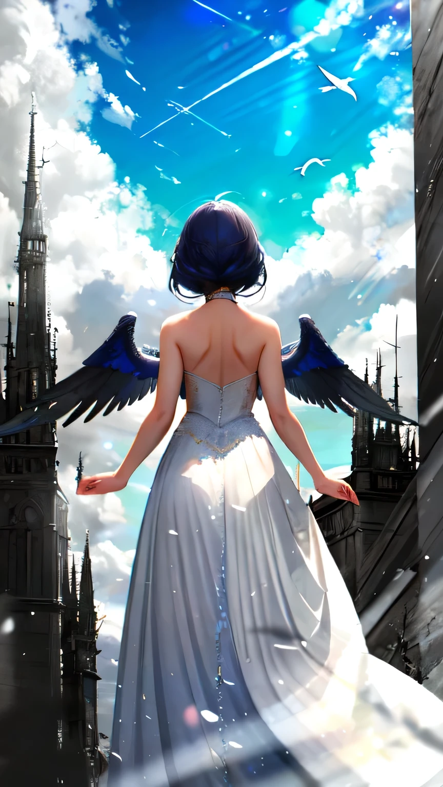 masterpiece, highest quality, Sky、A beautiful woman with wings growing from her back、Back view、Heading for the sky、Flying in the sky。